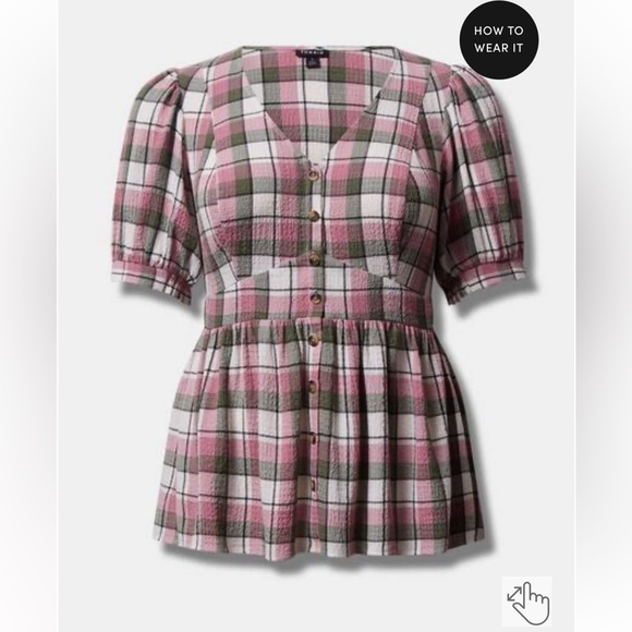 Torrid Pink & Green Plaid Babydoll Crinkle Flannel Gauze Button Short Sleeve NWT - Picture 5 of 8